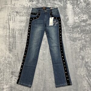New Platinum Plush Embroidered Studded Straight Jeans Womens Size 5 Velvet Blue